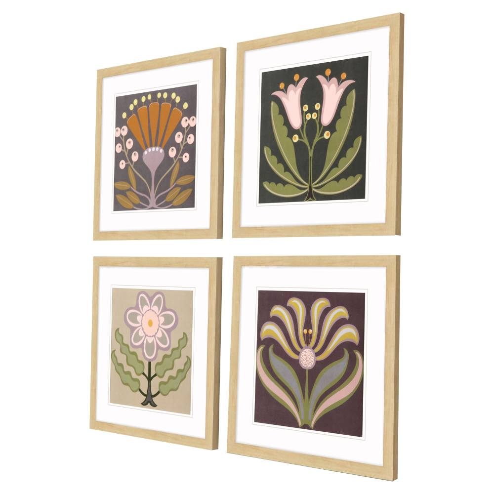 Graphic Folk Flower Framed Art - Set of Four