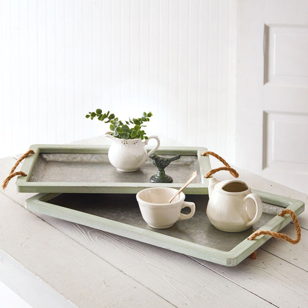 Jade Galvanized Tray with Rope Handles