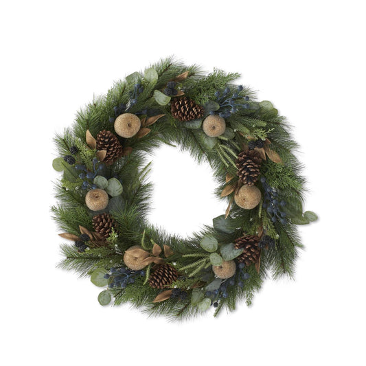 Mixed Pine Wreath with Gold Leaves & Apples