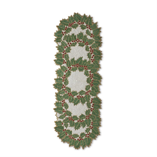 Beaded Holly Wreaths Table Runner