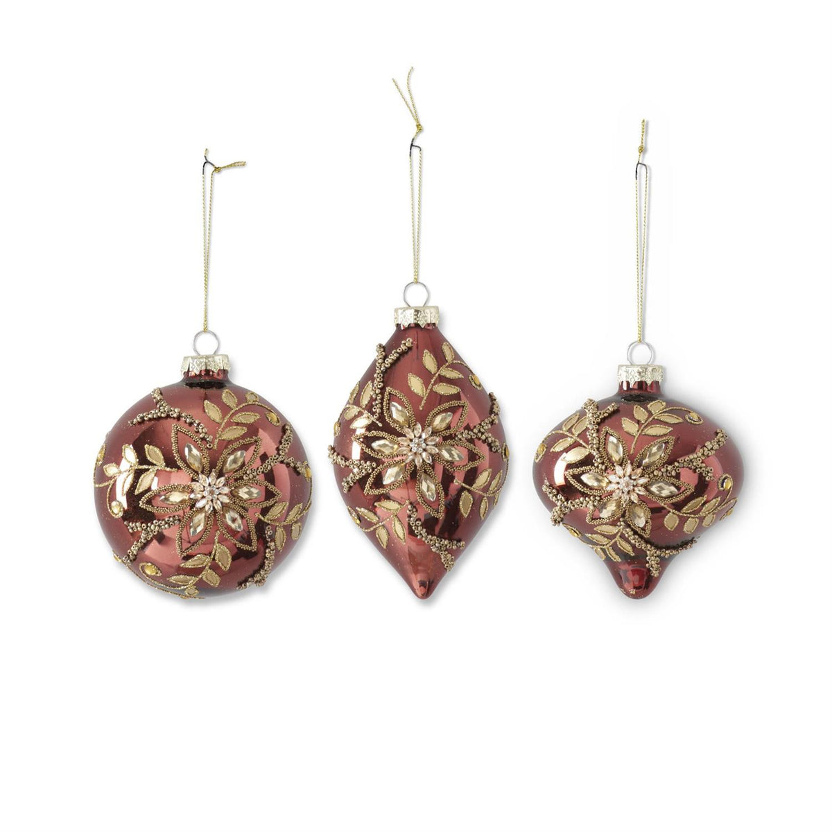 Burgundy, Gold Glittered, Jeweled Ornaments