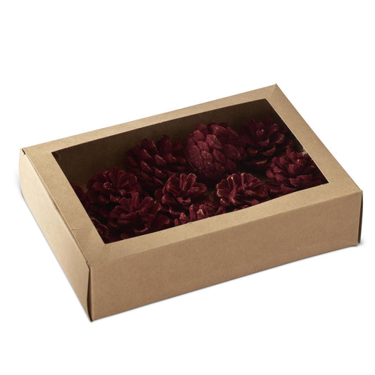 Box of Short Burgundy Flocked Pinecones