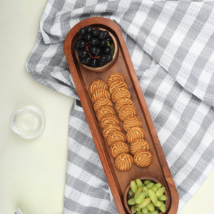 Long Wood Tray with Two Wood Bowls