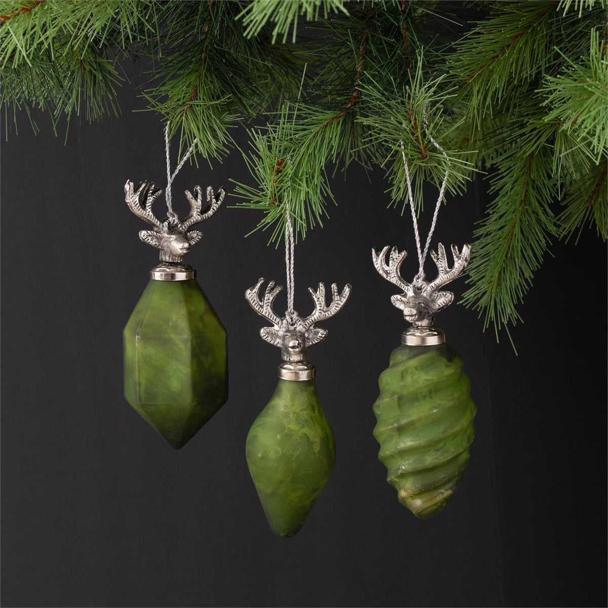 Green And Silver Glass Deer Heads