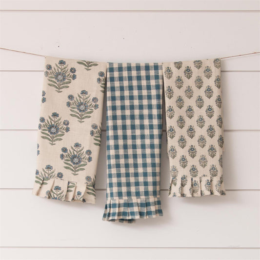 Blue Block Print Tea Towels - Set of 3