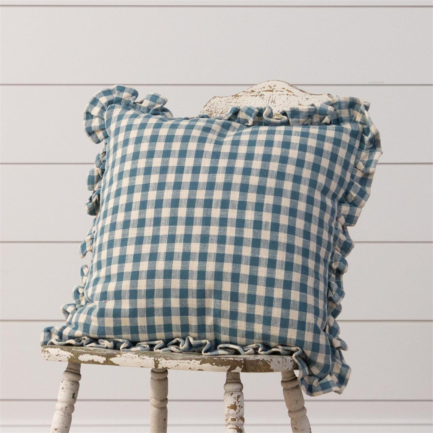 Blue Check Pillow with Ruffle Edge