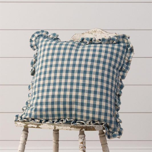 Blue Check Pillow with Ruffle Edge