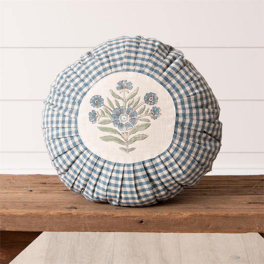 Round Pleated Pillow with Blue Block Print