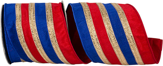 Red & Blue Stripe Trimming Overlary Dupioni Deluxe Wired Ribbon