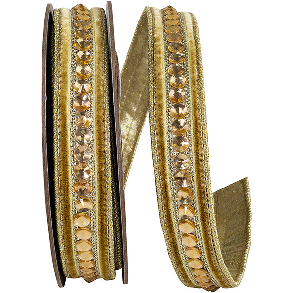 Gold Jeweled Center Plush Velvet Deluxe Metallic Dupioni Backed Wired Ribbon
