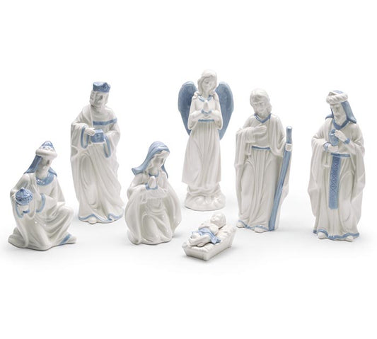 White and Blue 7 Piece Ceramic Nativity Set