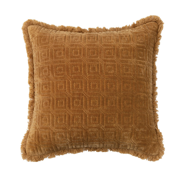 Square Cotton Velvet Quilted Pillow with Pattern & Fringe