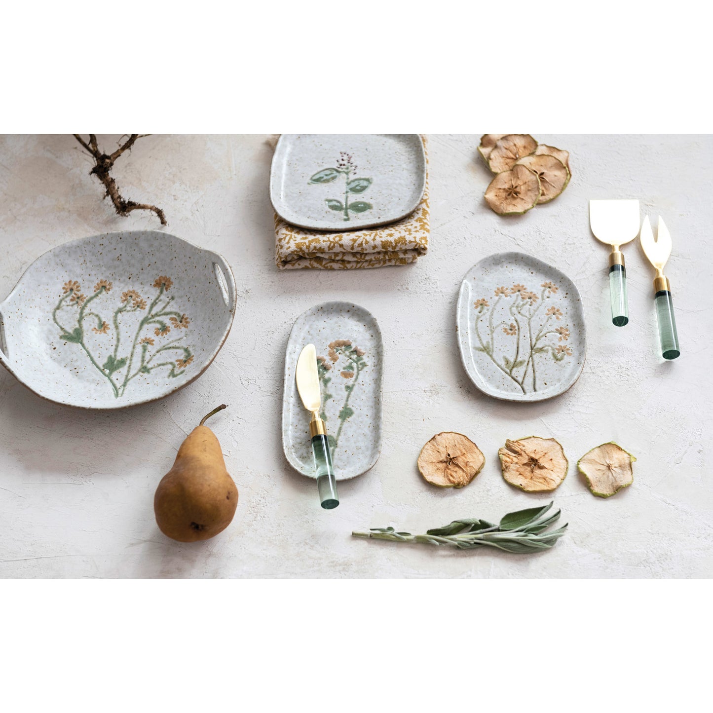 Stoneware Bowl with Handles & Botanicals