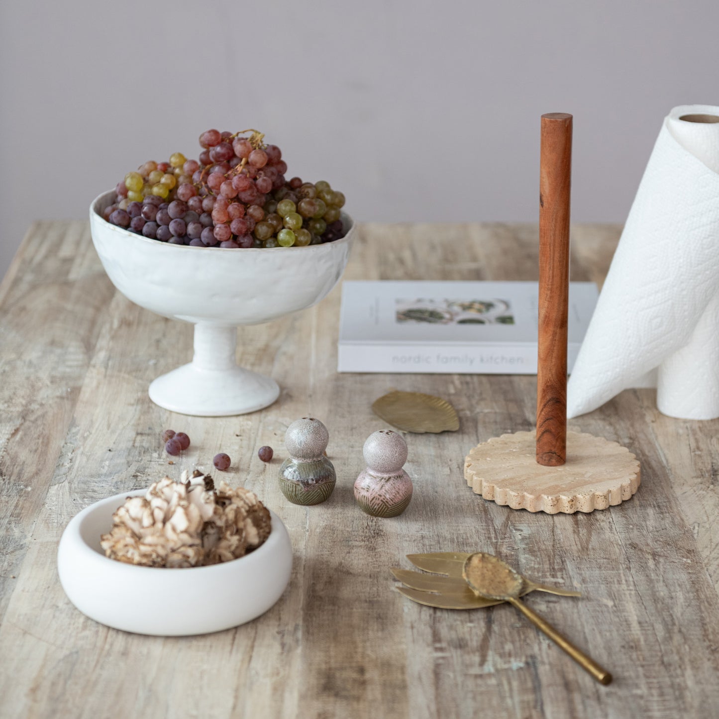 Acacia Wood Paper Towel Holder with Scalloped Travertine Base
