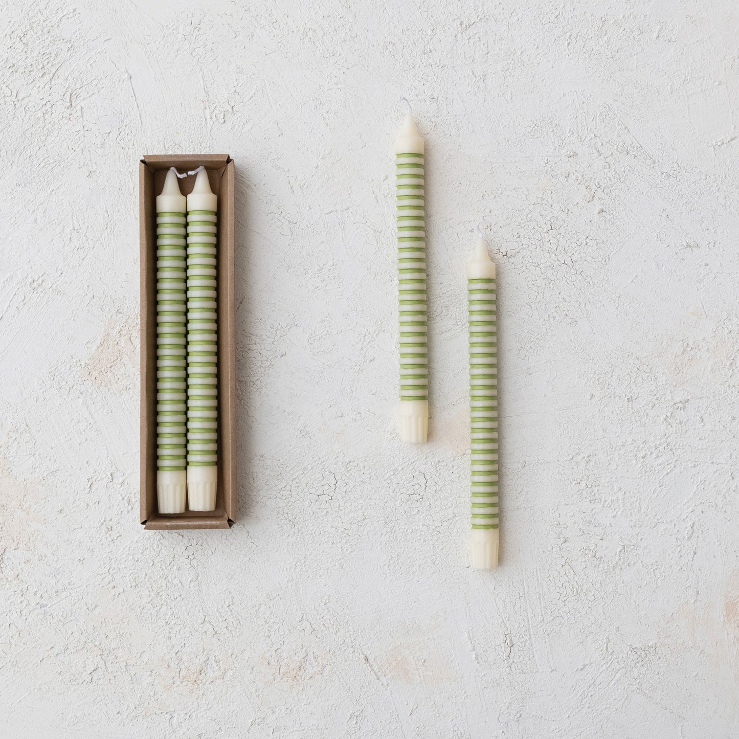 Unscented Green Striped Taper Candles in Box