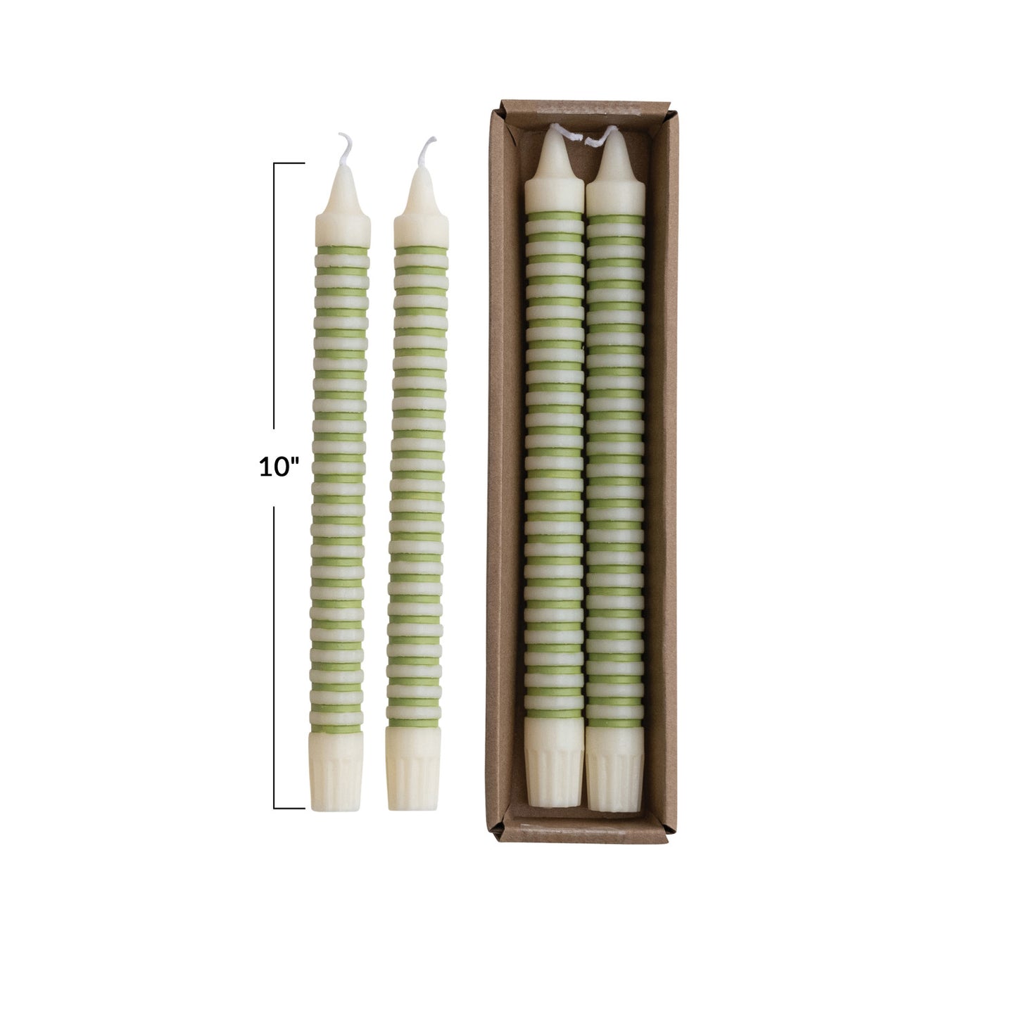 Unscented Green Striped Taper Candles in Box