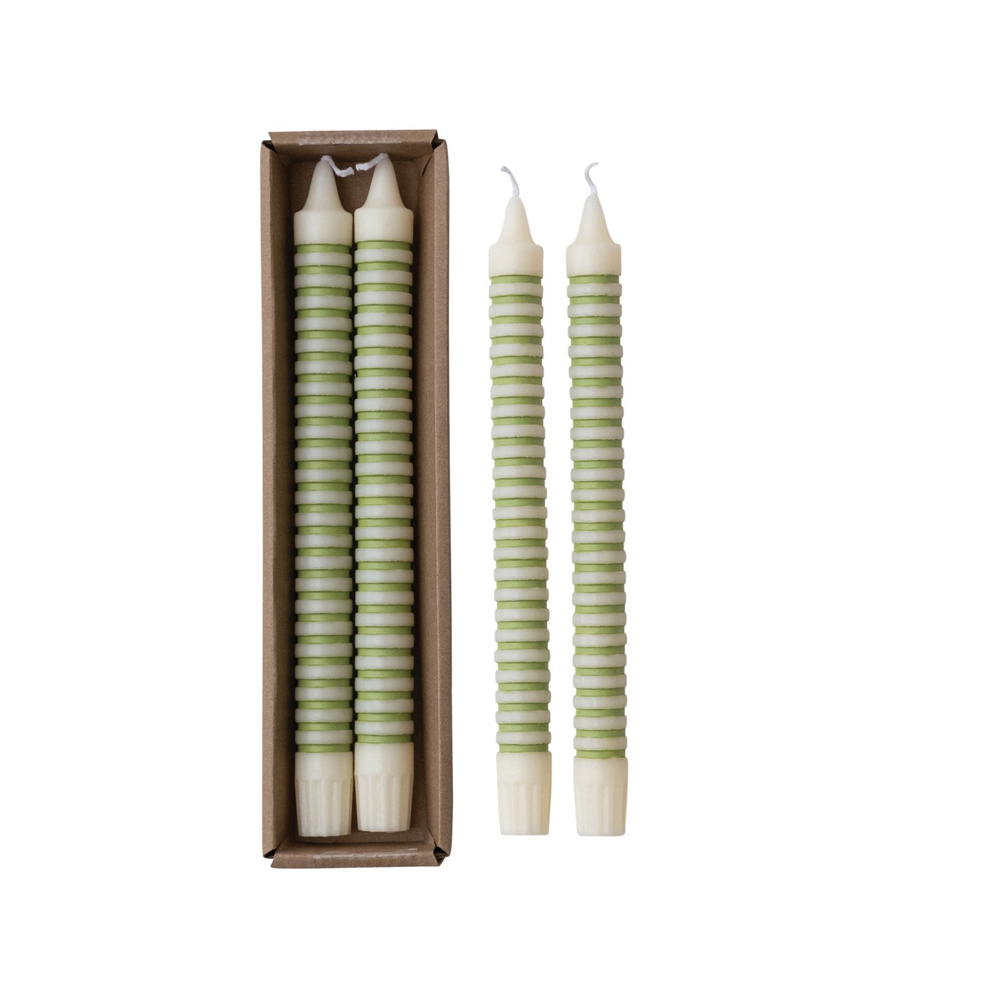 Unscented Green Striped Taper Candles in Box