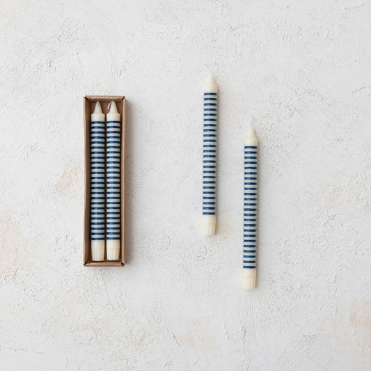 Unscented Blue Striped Taper Candles in Box