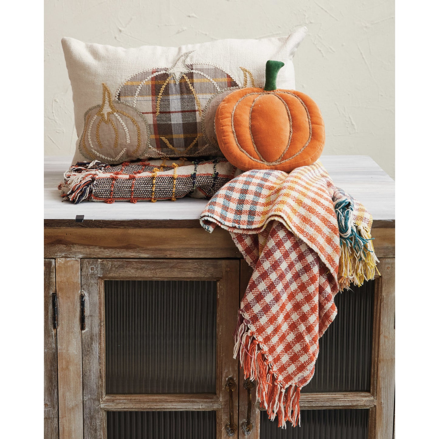 Cotton & Linen Lumbar Pillow with Appliqued Pumpkins & Chambray Back