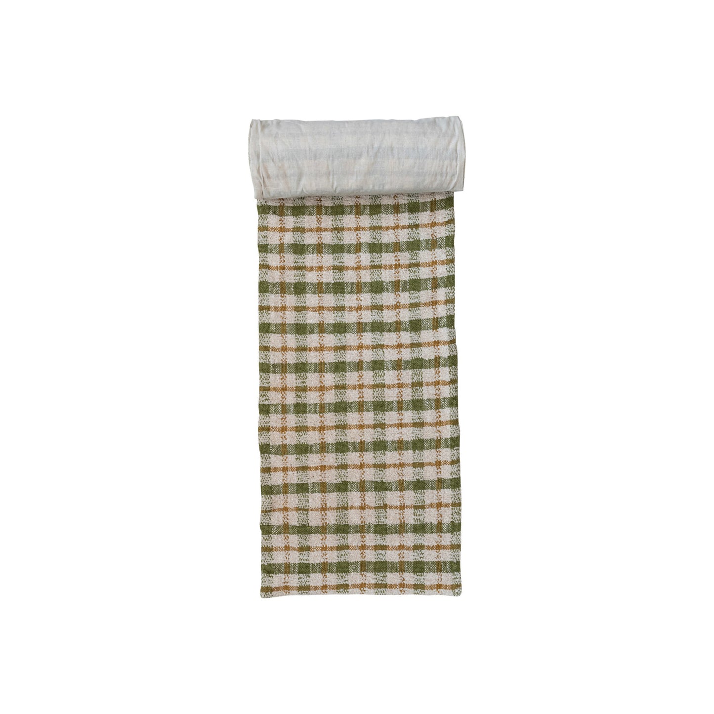 Woven Cotton Table Runner, Cream Color, Green and Yellow Plaid