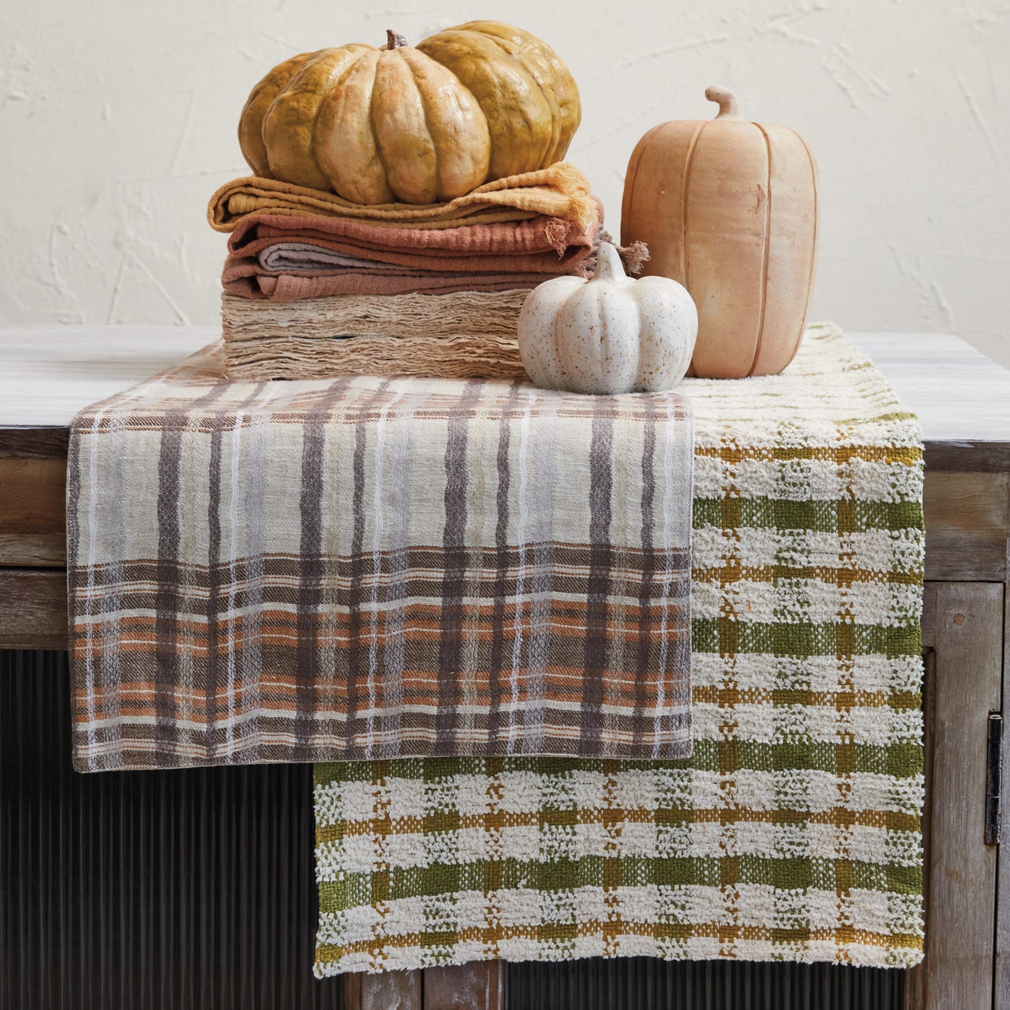 Woven Cotton Table Runner, Cream Color, Green and Yellow Plaid