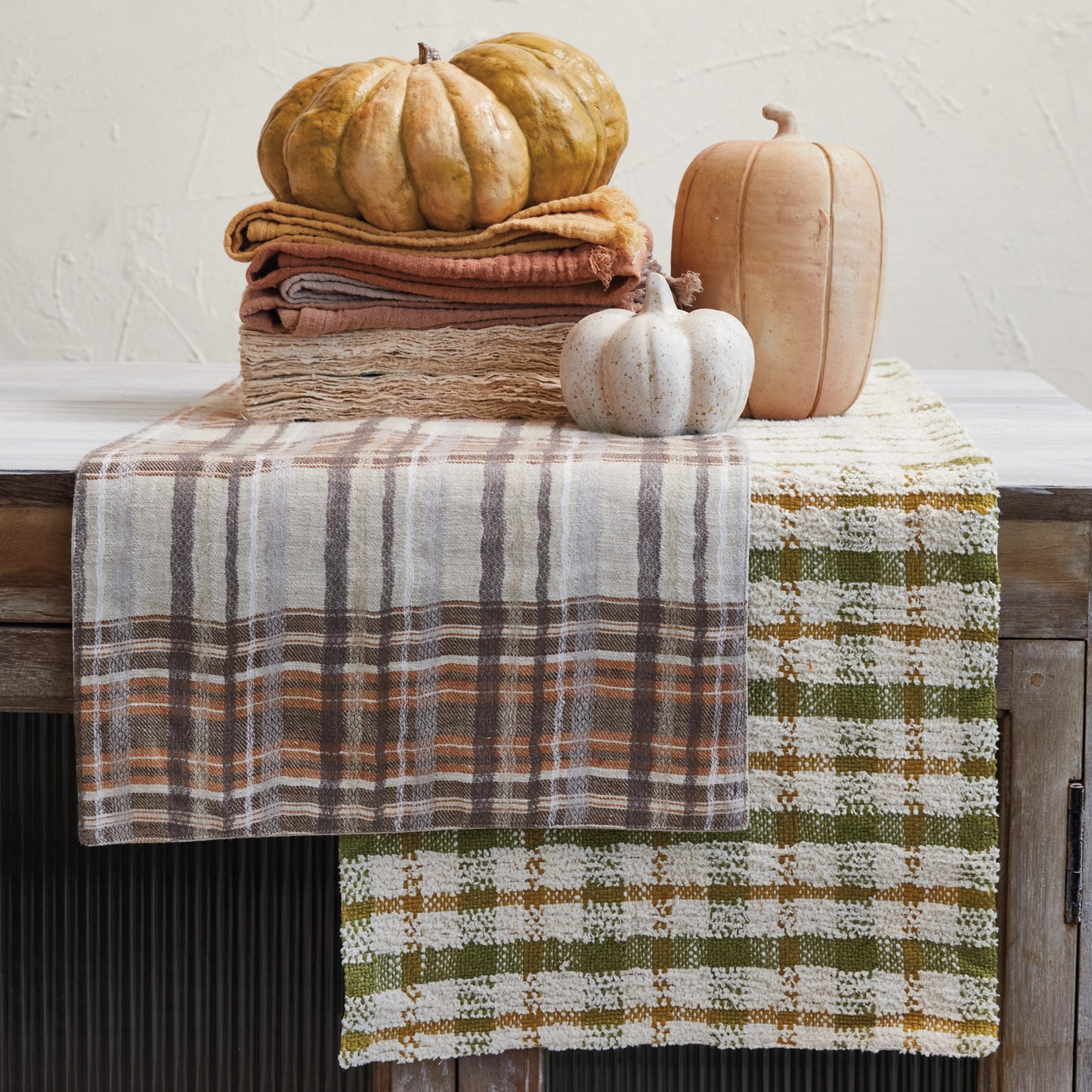 Woven Cotton Table Runner, Cream Color, Brown & Orange Color Plaid