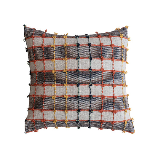 Square Woven Cotton Blend Pillow w/ Knots, Multi Color Plaid