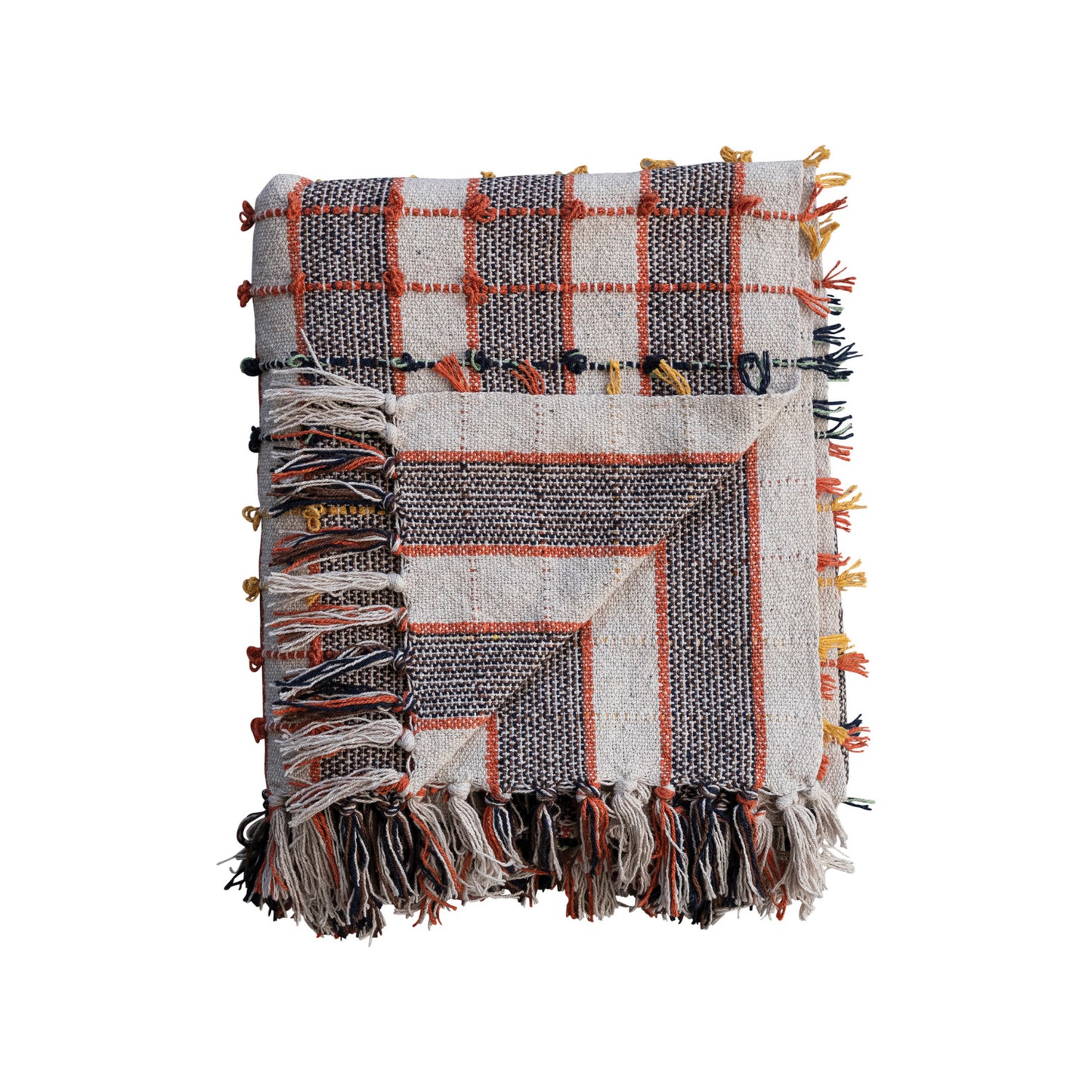 Woven Cotton Blend Throw w/ Knots & Fringe, Multi Color Plaid