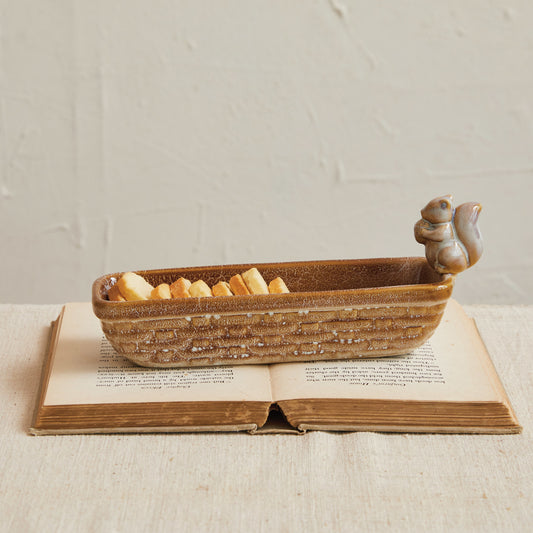 Stoneware Dish, Squirrel Holding Acorn