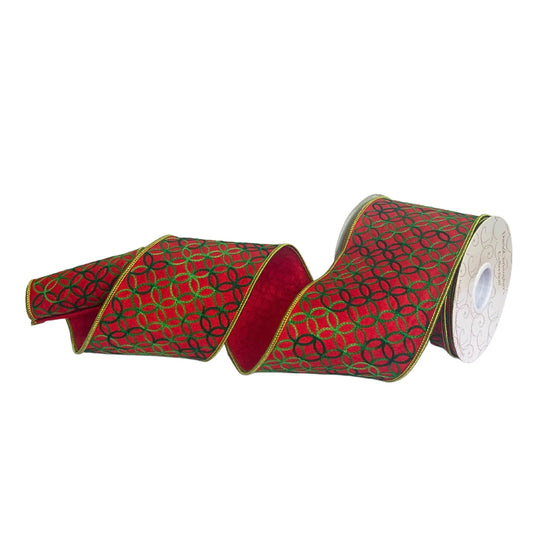 Green Chain circle on red dupioni w/ green edge-4"x10YD