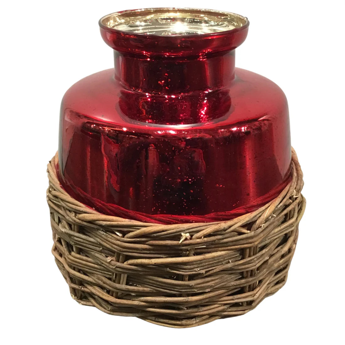 Sm 11" Wilmington Mercury Glass Vase w/Woven Basket-RED
