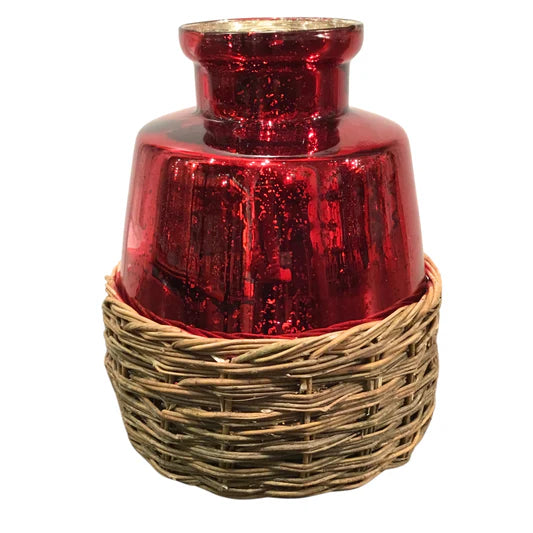 LG 15" Wilmington Mercury Glass Vase w/Woven Basket-Red