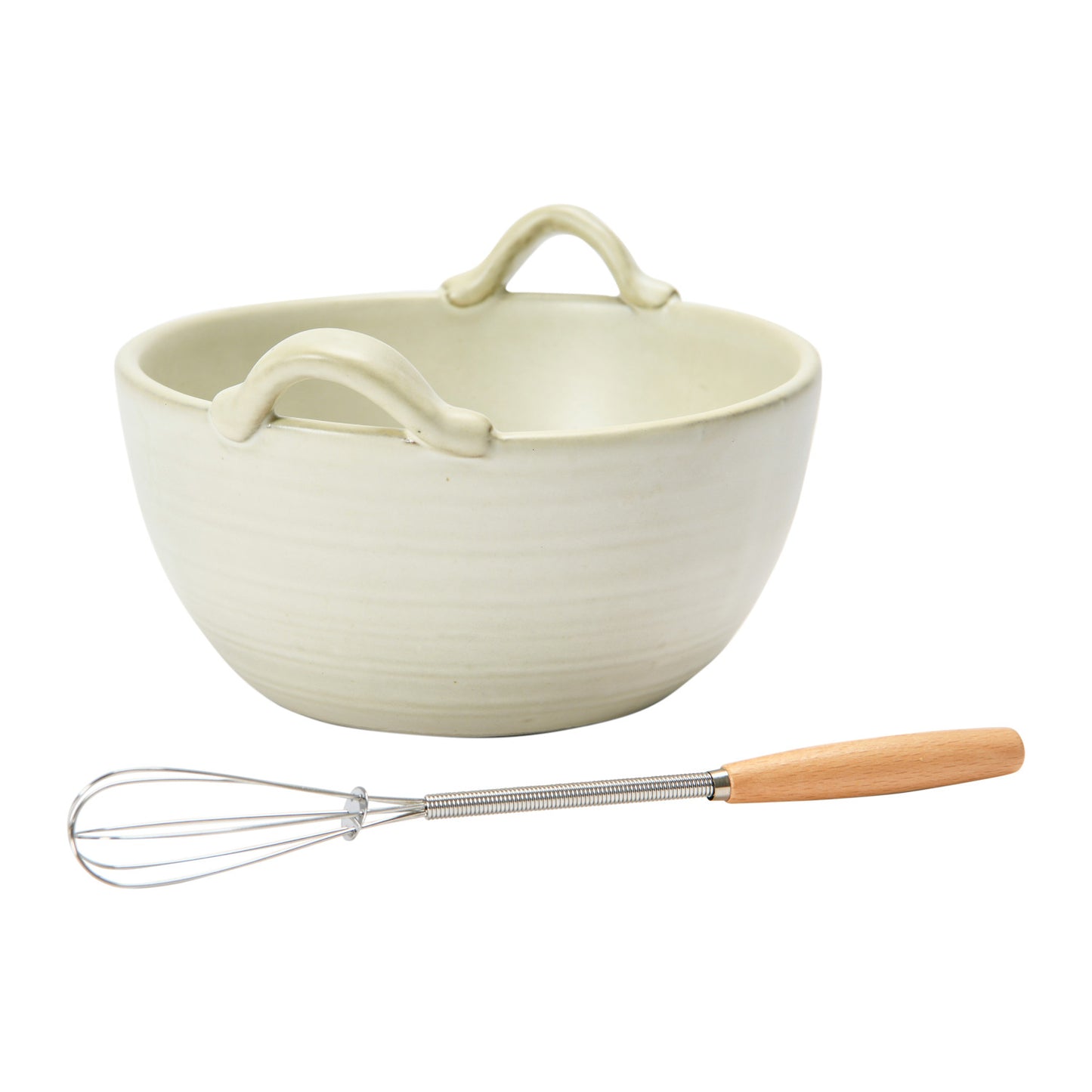 Stoneware Bowl, Wood and Metal Whisk