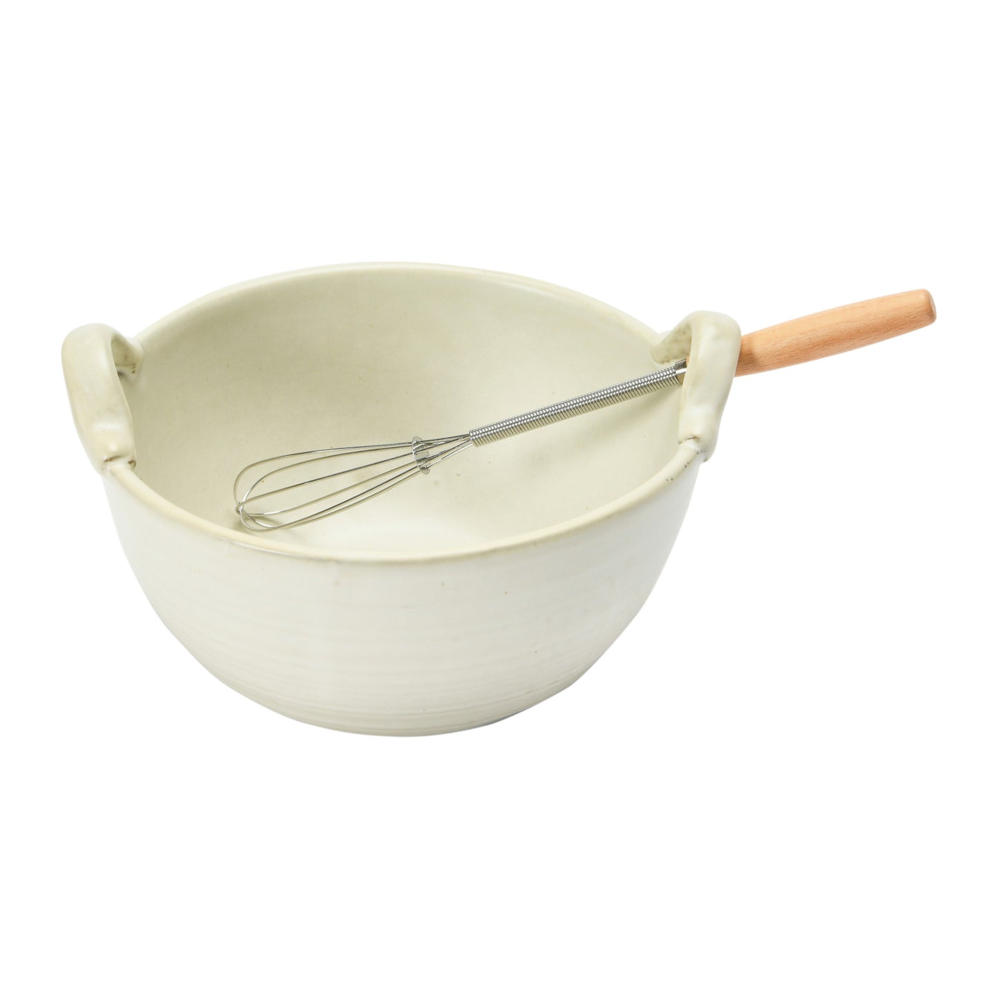 Stoneware Bowl, Wood and Metal Whisk