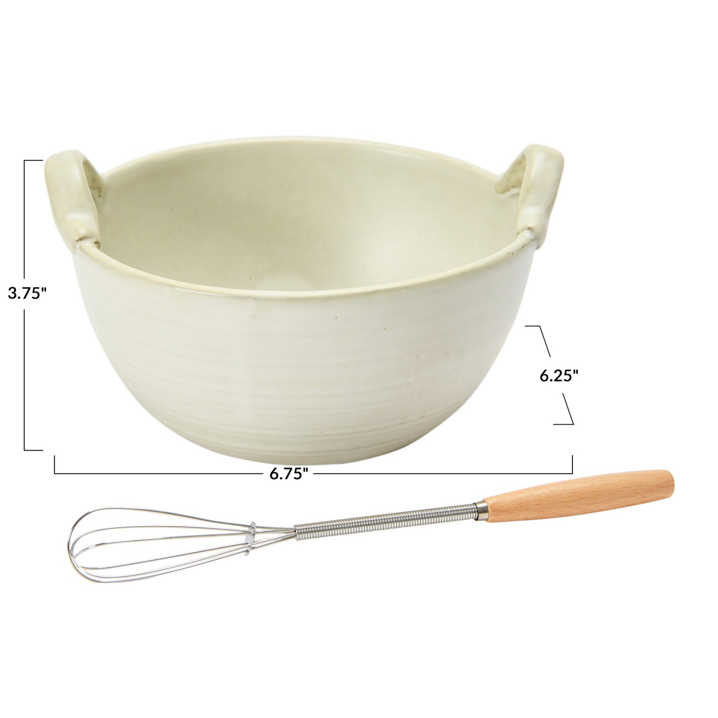 Stoneware Bowl, Wood and Metal Whisk