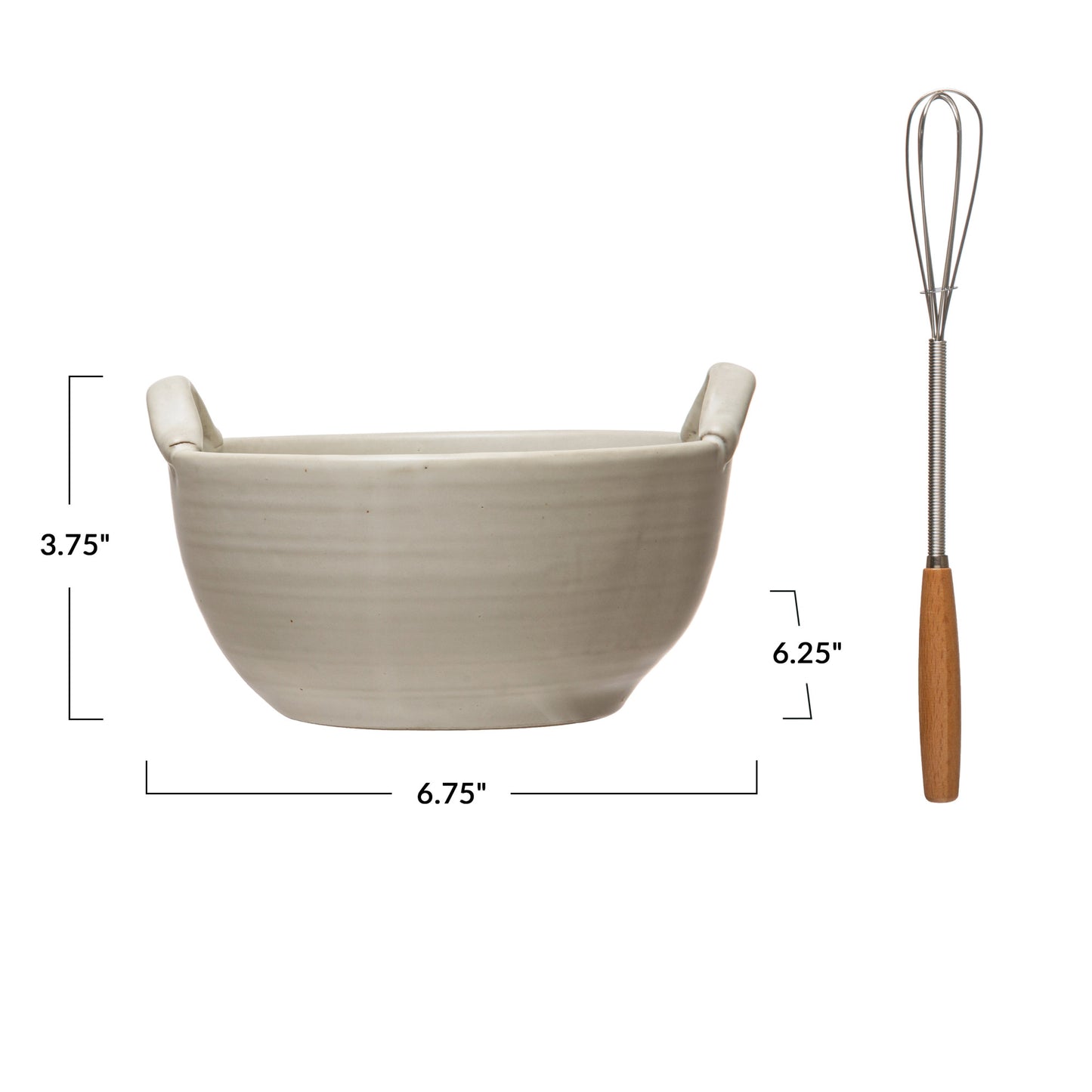 Stoneware Bowl, Wood and Metal Whisk