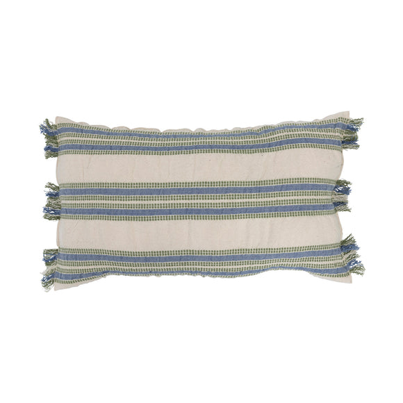 Woven Cotton Lumbar Pillow with Stripes and Fringe