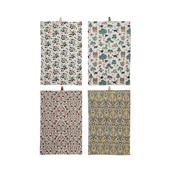 Cotton Printed Tea Towels with Pattern, Choice of 4 Styles