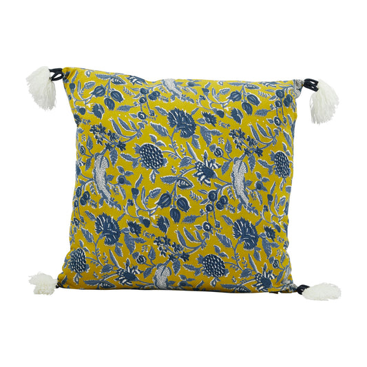 Cotton Pillow w/ Floral Pattern & Yarn-Wrapped Tassels, Polyester Fill