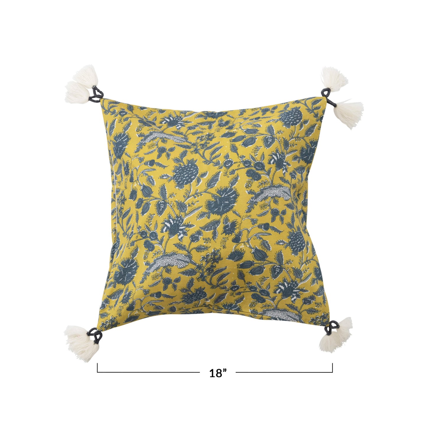 Cotton Pillow w/ Floral Pattern & Yarn-Wrapped Tassels, Polyester Fill