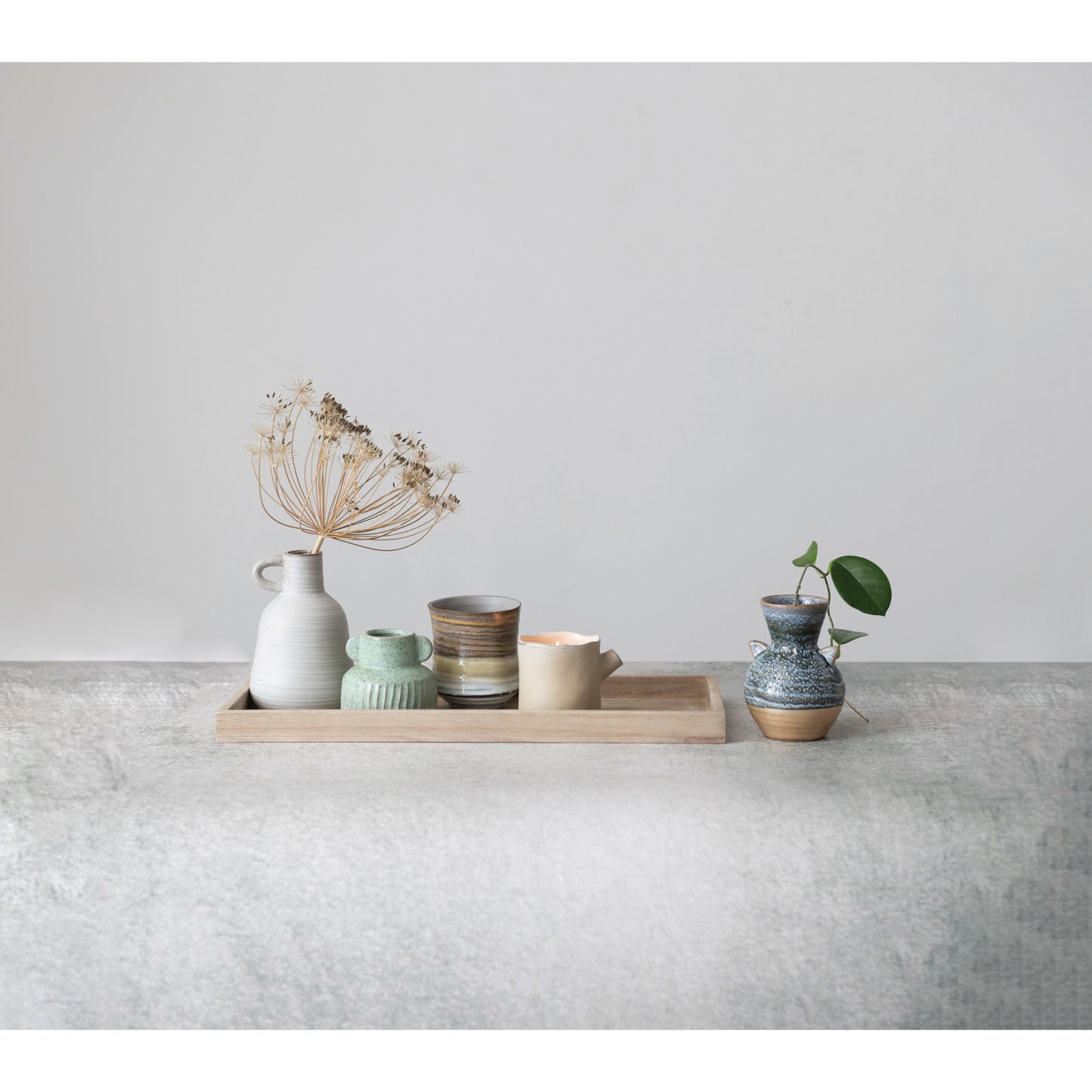 Mango Wood Tray with Taper Candle Holder and Four Vases