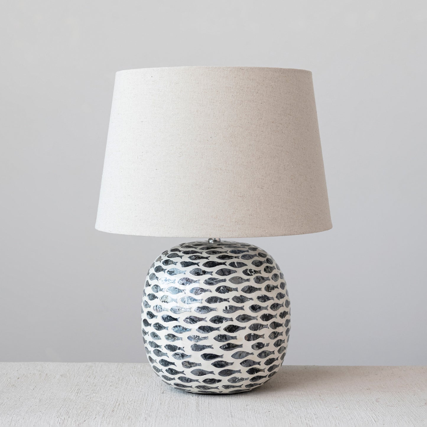 Capiz & Bamboo Table Lamp w/ Fish Pattern & Linen Shade