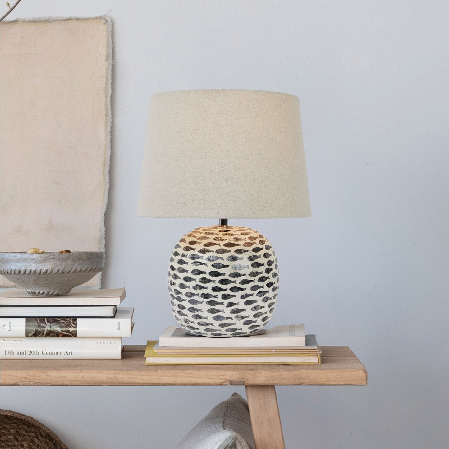 Capiz & Bamboo Table Lamp w/ Fish Pattern & Linen Shade