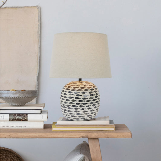 Capiz & Bamboo Table Lamp w/ Fish Pattern & Linen Shade