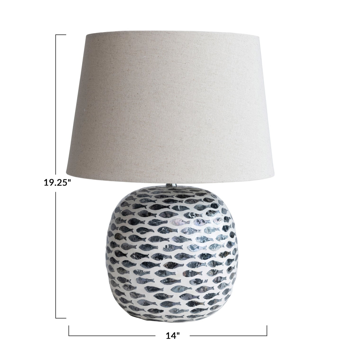 Capiz & Bamboo Table Lamp w/ Fish Pattern & Linen Shade