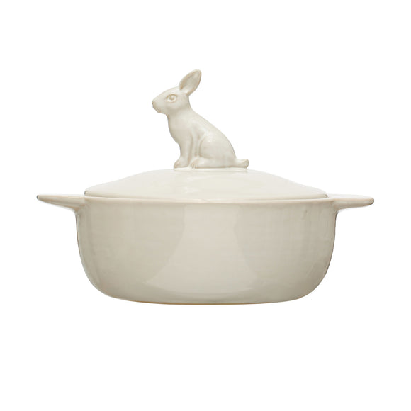 Stoneware  Baker or Butter Dish with Rabbit Finial