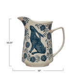 3 Quart Hand-Painted Stoneware Pitcher w/ Rabbit & Flowers