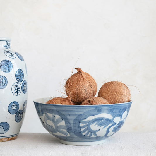 Hand-Painted Stoneware Bowl w/ Design, Blue & White
