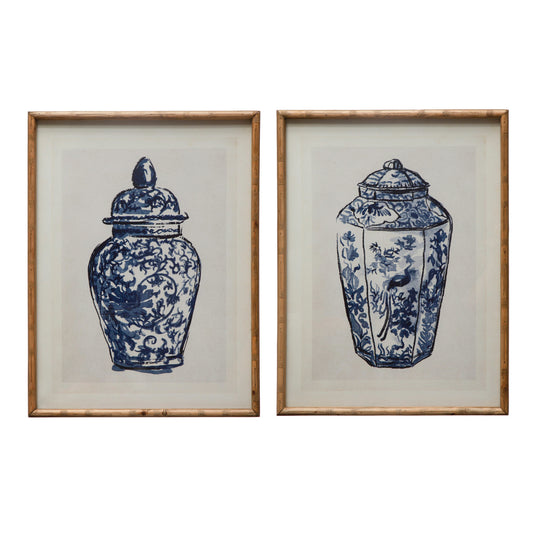 Wood Framed Glass Wall Décor with Cachepot, Blue & White