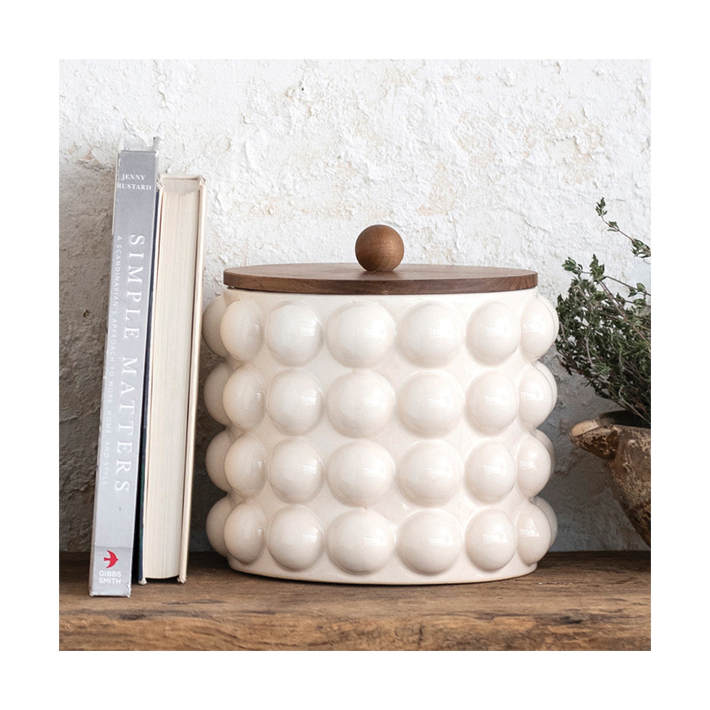 Stoneware Canister with Raised Dots & Acacia Wood Lid